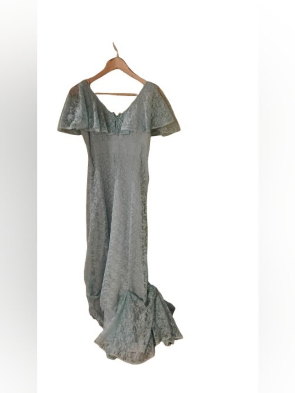 Vintage 1970s Does 1930s Flutter Sleeve Blue Lace Maxi Dress Gown